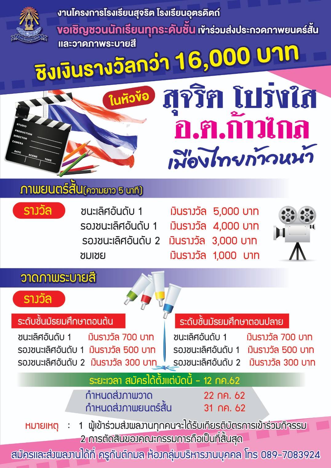 งานโรงเรียนสุจริต โรงเรียนอุตรดิตถ์ ขอเชิญชวนนักเรียนทุกระดับชั้น เข้าร่วมส่งประกวดภาพยนตร์สั้นและวาดภาพระบายสี หัวข้อ “สุจริต โปร่งใส อ.ต.ก้าวไกล เมืองไทยก้าวหน้า”